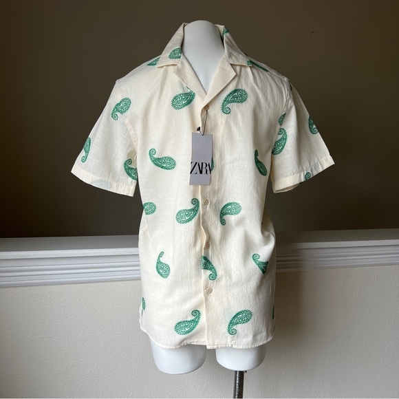 ZARA NWT MEN’S EMBROIDERED PAISLEY SHIRT  WHITE/GREEN 3057/080/712 - Picture 1 of 16